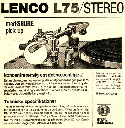 Reklame for Lenco L75 bragt i Amtsavisen Randers 2. april 1970.